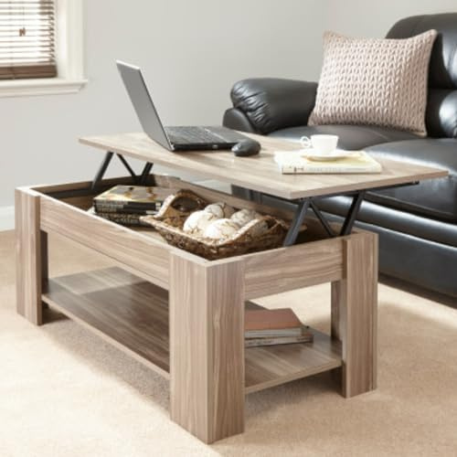 GFW Lift Up Coffee Table With Hidden Storage For Living Room. Modern Wooden Lift Top Coffee Tables, Display Shelf & Storage Compartment For Media & Accessories, Walnut, H39.5cm x W105cm x D50cm