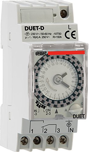 VEMER VP879100 Duet-D – Interrupteur Horaire électromécanique, Minuterie Journalière Programmable, 2 Modules DIN, Relais 16A, 230V, Installation Rail DIN, Gris
