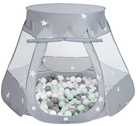 Selonis Tienda 105X90cm/200 Bolas De Campaña/Castilo Plegable con Bolas 6Cm para Niños, Gris:Blanco/Gris/Menta