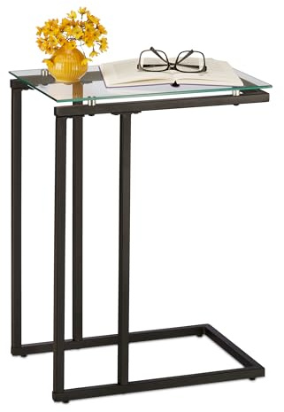 Relaxdays Tavolino da Divano, a Forma di U, Consolle con Piano d’Appoggio in Vetro, Tavolo da Sofà 60 x 30 x 45 cm, Nero