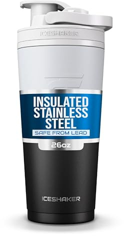 Ice Shaker Stainless Steel Bottle | 26oz, Black/White | Stays Cold for 30+ Hours | Insulated Cup with Twist-on Agitator | Odor-Free for Protein Shakes, Water, Smoothies