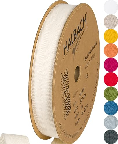 Halbach Seidenbänder Baumwollband 20 mm x m, Bänder zum Basteln als Meterware, Stoffband für Dekorationen, Webband 100% Baumwolle DIY Handwerk, Schrägband Näharbeiten, Farbe: off-white, 24500