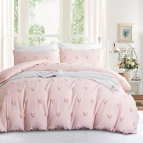 Freyamy Böhmen Bettwäsche 200x200cm 3teilig Rosa Getuftet Herz Boho Bettwäsche Stickerei Shabby Chic Bettwaren-Sets Microfaser Weiche Bettbezug mit Reißverschluss und 2 Kissenbezug 80x80cm