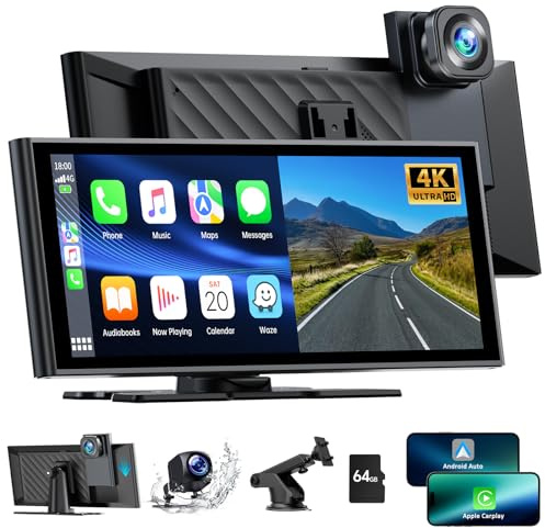 Portátil A-pple Carplay Inalambrico & Android Auto, 9,26 Pulgadas Pantalla Coche con Dash CAM Frontal y Trasera 4K+1080P, Car Play Radio Receptor con Mirror Link/Bluetooth 5.0/SIRI/Go0gle/FM/64G TF