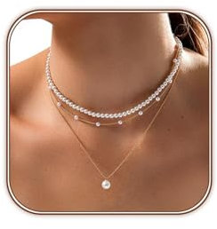 Moguri Goldene Perlenkette für Damen, 14 Karat vergoldetes mehrlagiges Perlen-Halsband, trendiges, zierliches Goldschmuckset für die Hochzeit als Geschenk für Damen