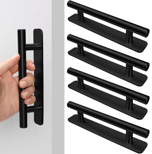 AROMUJOY 4 Piezas Tiradores Autoadhesivos para Muebles, 150mm Manija Autoadhesiva de Acero Inoxidable, Tiradores Armarios sin Taladrar, Tirador de Puerta Corredera para Cajones y Ventana, Negro