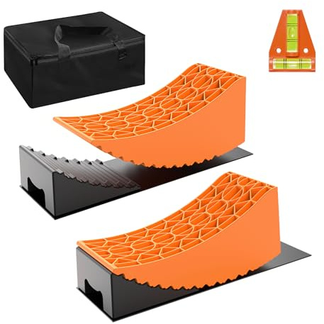 Wiltec Juego de calzos de nivelación para autocaravana con 2 calzos curvados de 42,4 x 17 x 17,4 cm y 2 cuñas de 20,7 x 17 x 9,6 cm, calzos de HDPE para caravanas con alfombrillas de goma
