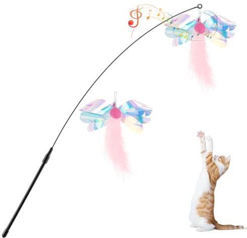 Pawaboo Cat Feather Wand Interactive Toy, 2 Feathers + 1 Wand with Bell