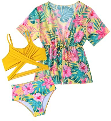 Arshiner Niñas Conjunto de Bikini 3 Piezas con Pareo Bañador Verano Falda Impresión Traje Ropa de Playa para Niñas 11-12 Años Amarillo Y Flores