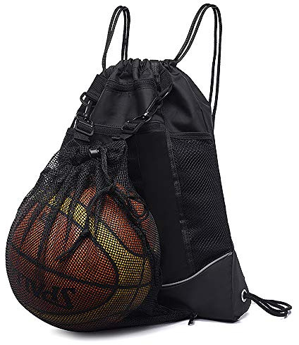 STAY GENT Drawstring Basketball Backpack for Boys, Foldable Soccer Backpack Gym Bag Sackpack Sports Sack with Detachable Ball Mesh Bag for Volleyball Baseball Yoga, Black