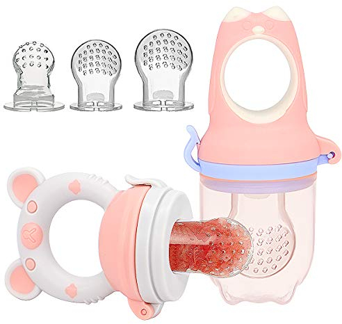 2 Fruchtsauger für Baby Kleinkind 3 Silikon-Sauger Schnuller Beißring für Obst Gemüse Brei Beikost (Rosa)