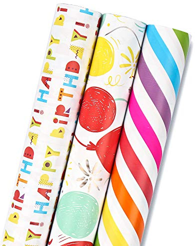 RUSPEPA Wrapping Paper Roll - Mini Roll - 3 Different Birthday Print Design (42.5 sq. ft.ttl.) - 43.2 cm X 305 cm Per roll