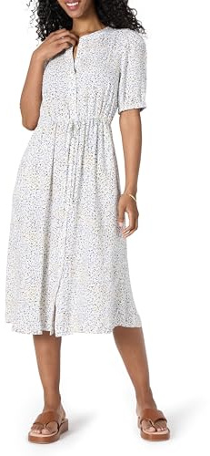 Amazon Essentials Robe Midi Trapèze à Coupe Décontractée et Respirante, à Manches Courtes Boutonnée sur le Devant avec Taille à Cordon de Serrage et Poches Femme