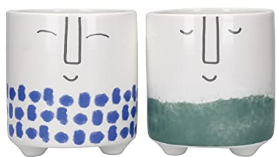 KitchenCraft Set di 2 Vasi per Piante da Interno, Erbe Aromatiche, Cactus e Piante Grasse in Dolomite, 10x10x11 cm, Blu/Verde