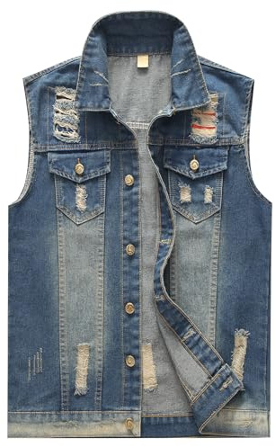 KUDORO Gilet homme Denim Déchiré Veste sans Manches en Jeans Vintage