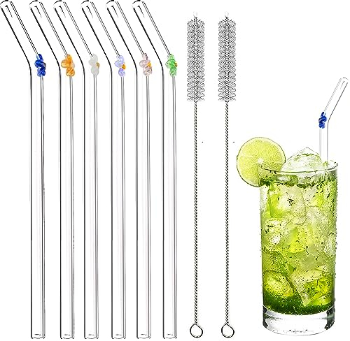 FIHODONE 6 Glasstrohhalme Lang 200mm, Strohhalme Glas mit Motiv, Glas Strohhalm, Trinkhalme Glas Wiederverwendbar, Röhrchen Borosilikatglas Mit 2 Reinigungsbürsten für Cocktails Slush