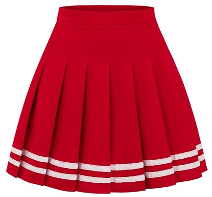 DRESS NICES Gonna a pieghe da donna, a trapezio, corta, per uniforme scolastica, cheerleader, gonna skater, Striscia rossa e bianca, M