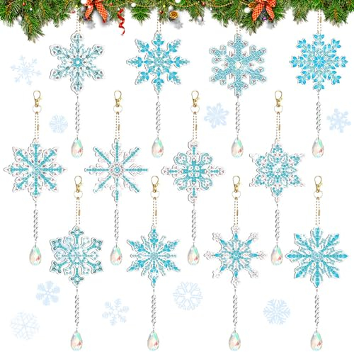 12 Stück Diamant Painting Weihnachten,5D Diamond Painting Weihnachten Anhänger Schneeflocken,Diamond Painting Schlüsselanhänger Beidseitig,DIY Diamond Painting Schlüsselanhänger Set