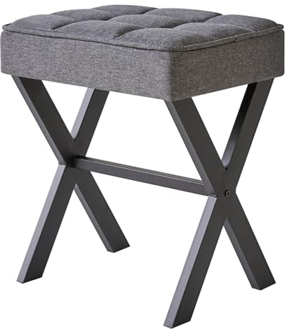 IBUYKE Square Makeup Stool with X-Leg Foot Rest, Linen Footrest, Ottoman Seat, Multi-Use as Small Side Table, for Bedroom, Living Room, Dark Gray LG-70G