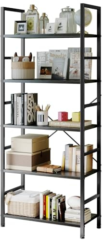 Sweetcrispy Book Shelf, 5 Tier Bookcase, Modern Tall Bookshelf for Garage Kit, CDs, Movies, Industrial Corner Storage Organizer for Bedroom Home Office Kitchen Living Room, Black