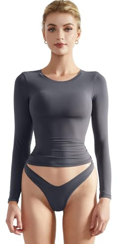 SUUKSESS Women Double Lined Fitted Basic Tee Shirts Crew Neck Long Sleeve Going Out Crop Tops (Ash, M)