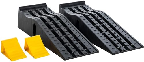 CLP Auffahrrampen-Set I Für PKW Reparatur, rutschfest Und Robust I KFZ-Heber Rampenset Für Wartung Und Erhöhung Von Camping Van und Auto, Set-Inhalt:Auffahrrampe+Unterlegkeil