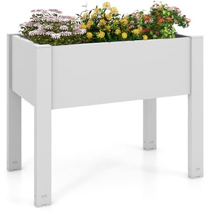 GOPLUS Cuadrado Huerto en Pies 53 L, Sistema de Auto-Riego, Monitor de Nivel de Agua, Agujero de Drenaje, Jardinera Elevada para Jardín, Patio Trasero, Balcón, 76 X 45 X 61 CM (blanco)