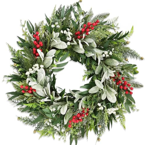 22 Realistic Christmas Wreath with Red Berries, Winter Eucalyptus Artificial Faux Evergreen Wreath Greenery Decoration for Front Door Window Home Wall Farmhouse Holiday Outdoor Indoor Décor
