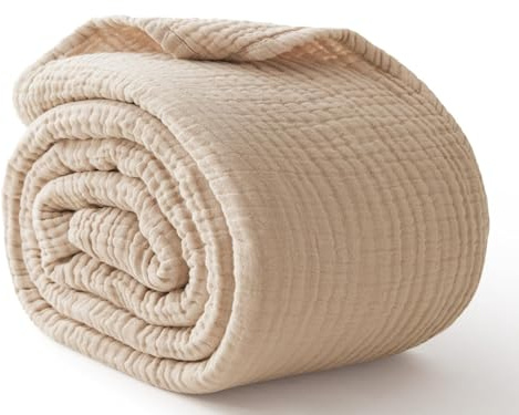 100% Cotton Muslin Blanket Queen 90 x 90, 6 Layers Breathable and Lightweight Cotton Throw Blanket for Bed, Soft Quilt Bedspread Coverlet, Gauze Blanket for Adults All Season, Beige Linen, Oatmeal