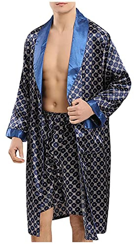Mrat Luxury Men’s Dressing Gown Satin Casual Lightweight Bathrobe Long Sleeves Checked Homewear Robe with Belt Pockets Silk Nightwear Sleepwear Pyjamas Long Kimono Hotel Spa Comfy Soft Nightgown