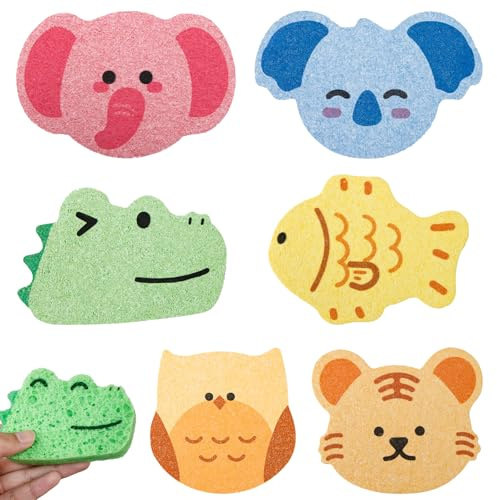 Soft Baby Bath Sponge 6 PCS - Natural Gentle Shower Massage Sponges in Cute Animal Shapes for Newborn and Toddler