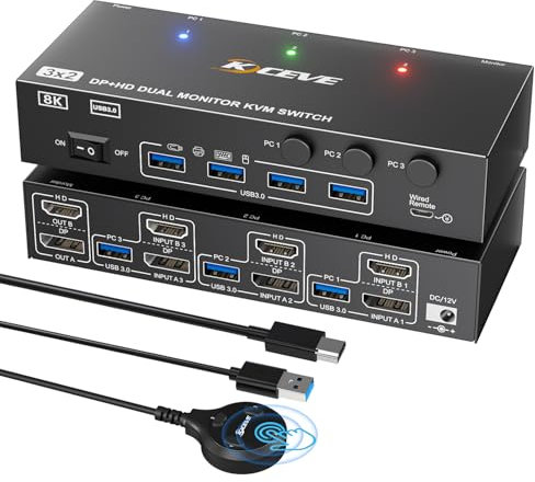 KVM-switch 3-dator 2bildskärmar Displayport HDMI USB 3.0 KVM-omkopplare för 3 datorer med 2 bildskärmar, stöder 8K@30, 4K144, 4K60 Hz, tangentbord och mus