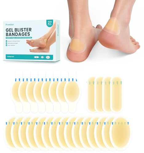 Hydrocolloid Gel Blister Bandages Pads - Promifun Blister Cushions - Water Resistant Hydrocolloid Bandage for Foot, Toe, Heel - Gel Blister Bandages for Prevention & Recovery (27 ct, Variety Pack)