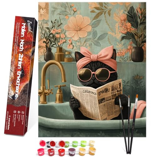 Bougimal Pintura por Números Adultos Animal con Pinceles y Pinturas Acrílicas - 40 x 50 cm, Sin marco, Gato que lee 2
