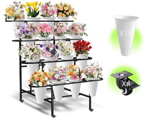 Yuxitia Flower Display Stand with 16 PCS Buckets,4-Layers Cart Display Stand with Wheels, Sturdy Moving Florist Bouquet Shelf for Patio Garden Flower Shop, with Lockable Swivel Wheels(Black)