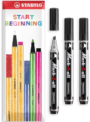 STABILO Mark-4-all - Permanent Marker Pen - In Envelope Gift Packaging - Chisel Tip - Pack of 3 - Black