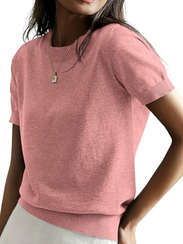 ORANDESIGNE Jersey Manga Corta Mujer Elegante Jersey Verano Jerséis Cuello Redondo Jersey Punto Fino Cuello Alto A Rosa XXL