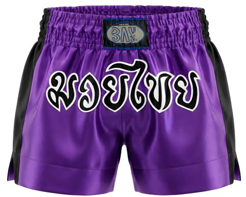 Bay Remy Thaiboxhose Lila/Schwarz kurz für Kinder und Erwachsene XXS - XXL | Sporthose für Muay Thai, aufgenähte Thaischrift, Seitenschlitze, elastischer Gummizugbund mit Tunnelzug für sicheren Halt