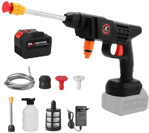 Limpiador de alta presión inalámbrico, limpiador de alta presión con batería, 50 bar, Jet Max 10 m, manguera de 5 m, olla de espuma, pistola de lavado de riego y coche (30000 mAh)