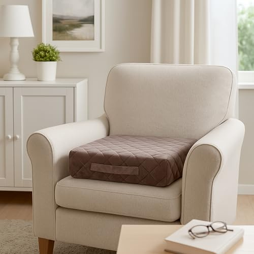 Homemate Tru-Boost Orthopaedic Support Armchair Booster Cushion Seat Chair Riser 45 x 45 x 10cm Washable Soft Quilted Velvet Feel Zipped Cover (Chocolate Brown)