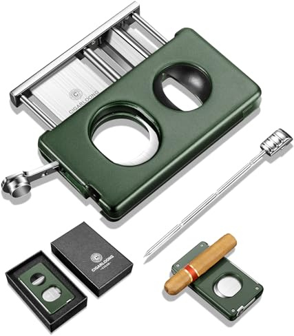 CIGARLOONG 5 in 1 Cigar Cutter Guillotine Straight Cut, V Cutter, Cigar Punch, Holder and Draw Enhancer, Stainless Steel Double Blade Cigars Clippers, Gifts for Men (Green)