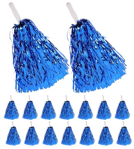 Abaodam Lot de 16 Mini Pompons de Cheerleading Bleus Métallisés avec Poignées Courtes Accessoires Légers pour Performances Sportives Événements Scolaires et Compétitions D’Équipe
