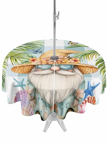 Round Outdoor Tablecloth With Umbrella Hole And Zipper– Tropical Coastal Waterproof Patio Table Cover for Party, Picnic, Backyard, Vintage Dwarf Shell Starfish Butterfly Palm Tree, 60 Dia.