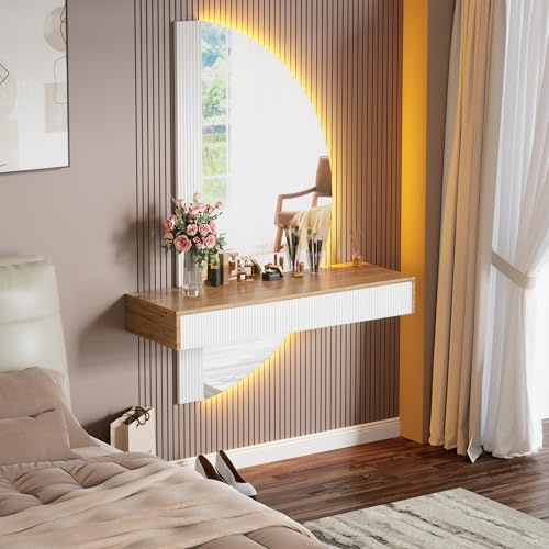 MSFE Tavolo da toeletta con illuminazione e specchio, semicircolare, mobile da toeletta a parete, con 2 cassetti, altezza flessibile possibile, risparmiare spazio