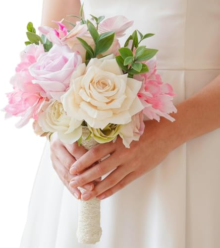 Laelfe Ramo de Novia Artificial con Rosas y Peonías | Ramo de Mano Para Decoración de Bodas, Compromiso, Bailes de Graduación, Iglesias, Ceremonias, Aniversarios