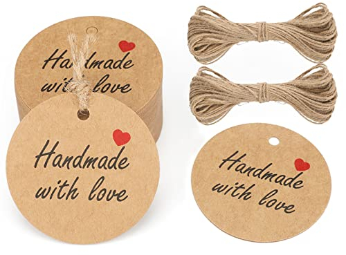 G2PLUS 5CM “Hand Made with Love” Kraftpapier Anhänger, 100 Stück Runden Geschenkanhänger für Handmadeprodukte, Braun Geschenk Etiketten,Papieranhänger mit schnur für Geschenke, Handgefertigte