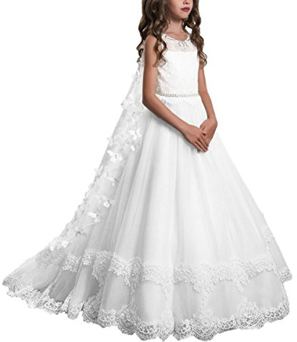 PLwedding Lace Flower Girls Dresses Girls First Communion Dress Princess Wedding Size 6 White