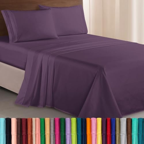 Elegant Comfort Luxurious 1500 Premium Hotel Quality Microfiber Three Line Embroidered Softest 4-Piece Bed Sheet Set, Wrinkle and Fade Resistant, King, Eggplant-Purple
