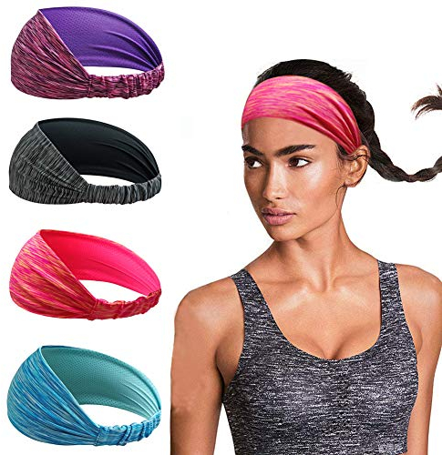 Damen Sport Stirnband - Breit Schweißband Stirn für Yoga Laufen Workout Training Fitness Tennis Gym Fahrrad Wandern Joggen - Elastische rutschfeste Haarband Gestreift 4 Stück