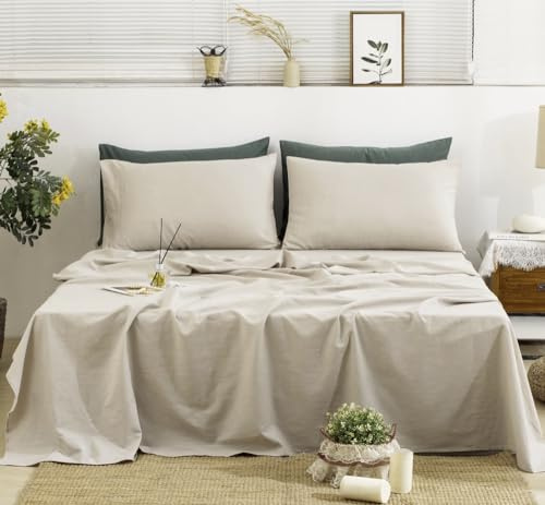 TUMEI Linen Sheets Queen Size, 100% gewaschenes französisches Leinen, 4-teiliges Queen-Bettwäsche-Set mit strapazierfähigem, tiefem Spannbetttuch, Bettlaken und 2 Kissenbezügen, natürliches Leinen,